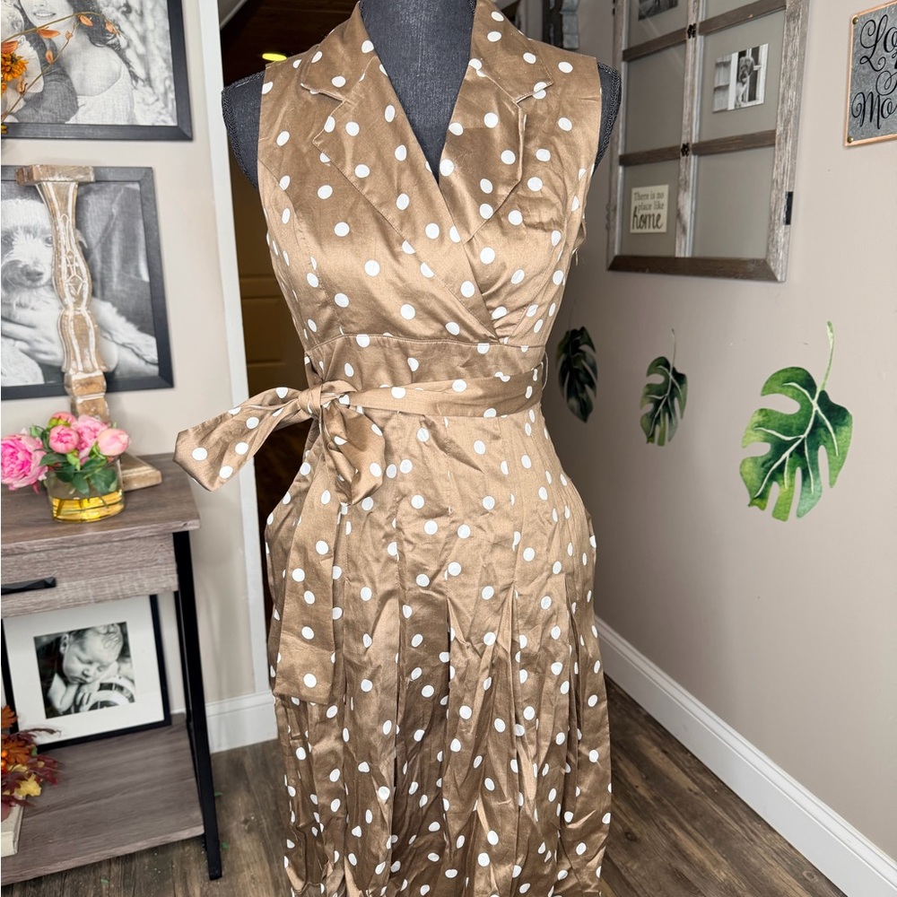 Tommy Hilfiger Brown and White Polka Dot Midi Dress